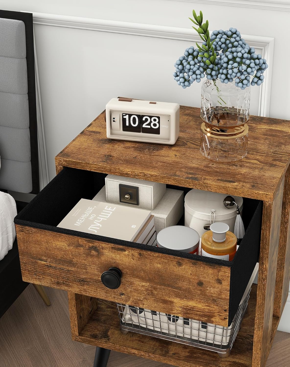 Royal Marwar Solid Mango Wood Bedside Table with Drawer & Open Shelf | Rustic Walnut Finish | Modern Nightstand
