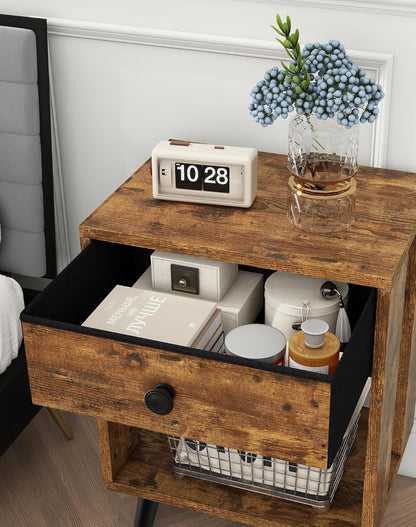 Royal Marwar Solid Mango Wood Bedside Table with Drawer & Open Shelf | Rustic Walnut Finish | Modern Nightstand