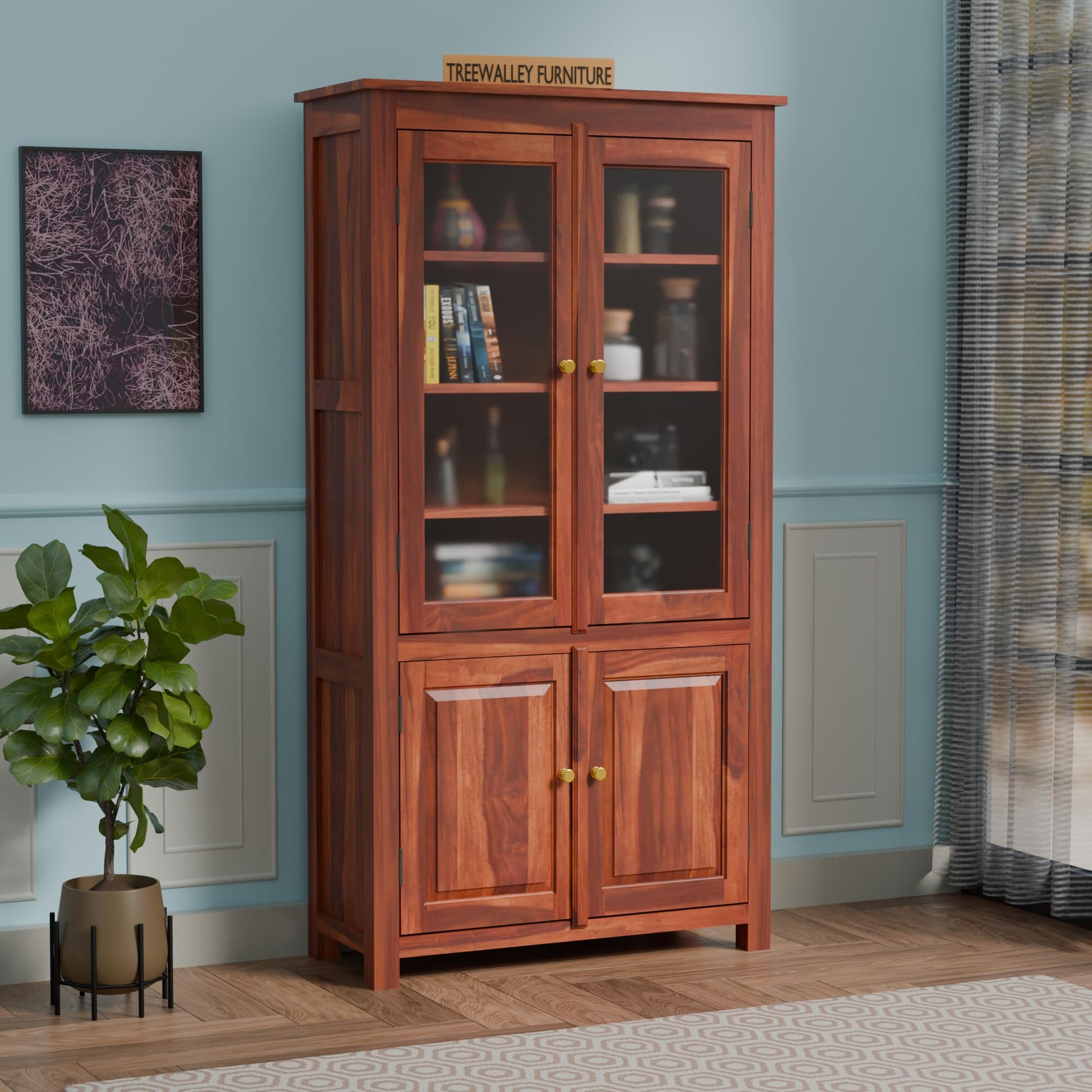 Royal Marwar Solid Sheesham Wood Crockery Cabinet | 2 Acrylic Glass Doors & 6 Sh