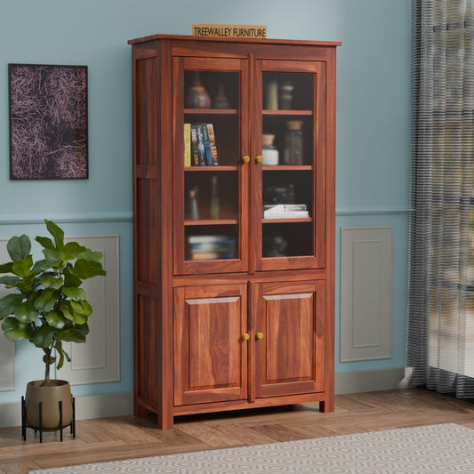 Royal Marwar Solid Sheesham Wood Crockery Cabinet | 2 Acrylic Glass Doors & 6 Sh
