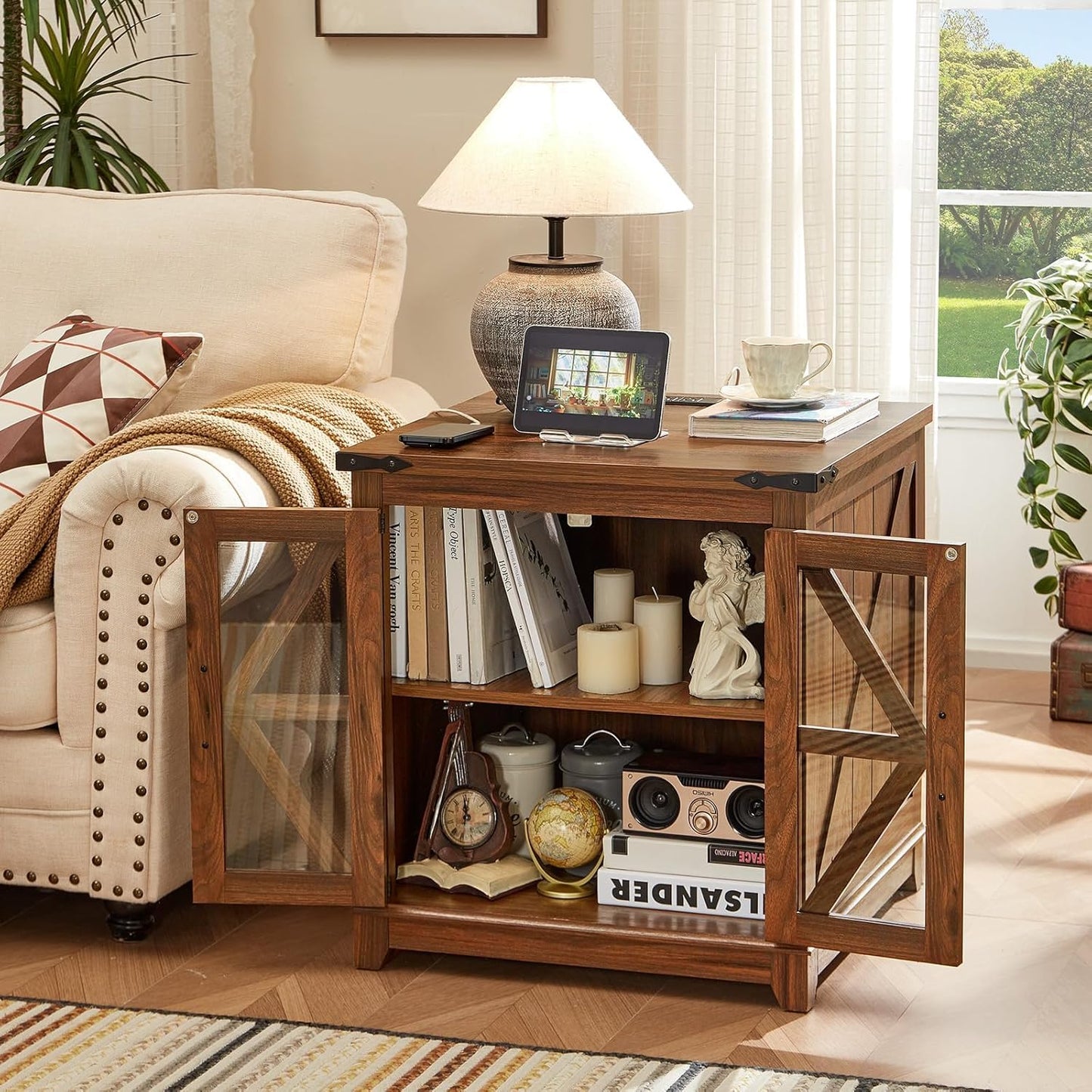 Royal Marwar Solid Mango Wood Side Table | Bedside Table with 2 Glass Door Storage Cabinet | Black Finish