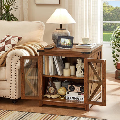 Royal Marwar Solid Mango Wood Side Table | Bedside Table with 2 Glass Door Storage Cabinet | Black Finish