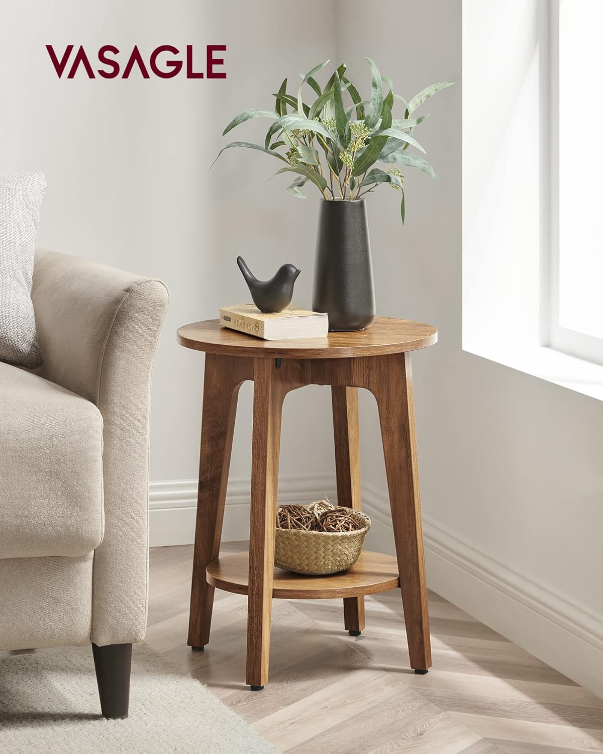 Royal Marwar Solid Mango Wood Round Side Table | Modern End Table with Storage Shelf | Honey Finish | Bedside Table