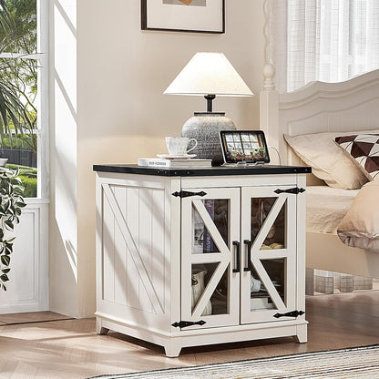Royal Marwar Solid Mango Wood Side Table | Bedside Table with 2 Glass Door Storage Cabinet | Black Finish