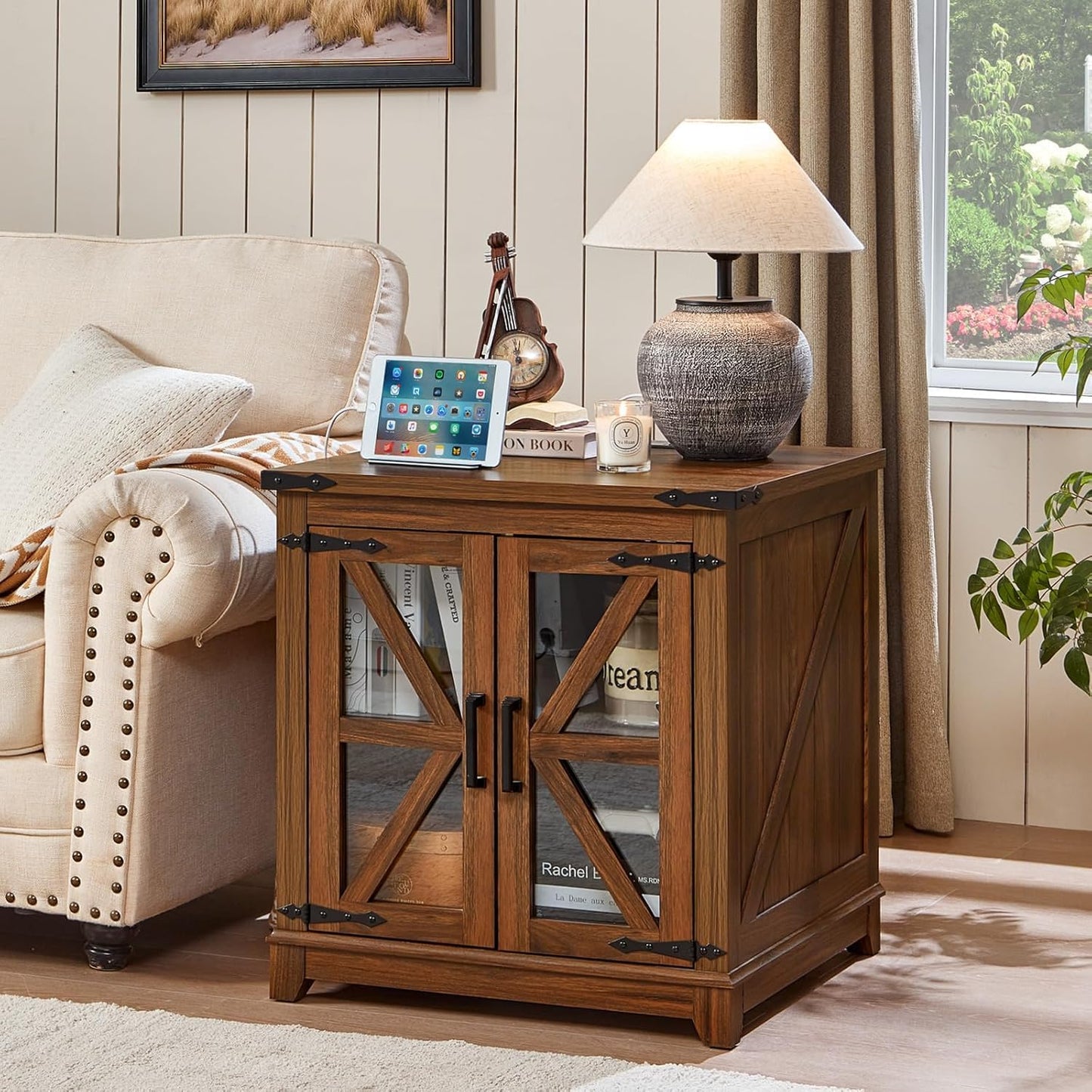 Royal Marwar Solid Mango Wood Side Table | Bedside Table with 2 Glass Door Storage Cabinet | Black Finish