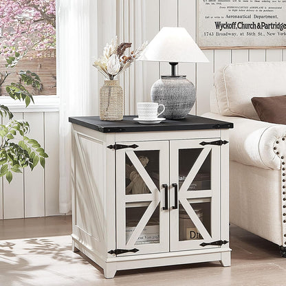 Royal Marwar Solid Mango Wood Side Table | Bedside Table with 2 Glass Door Storage Cabinet | Black Finish