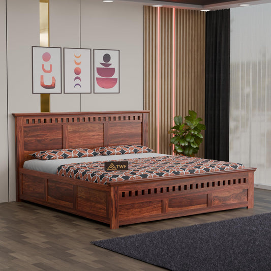 Royal Marwar Sheesham Wood Bed with Storage Box | Kuber Design Headboard | Woode