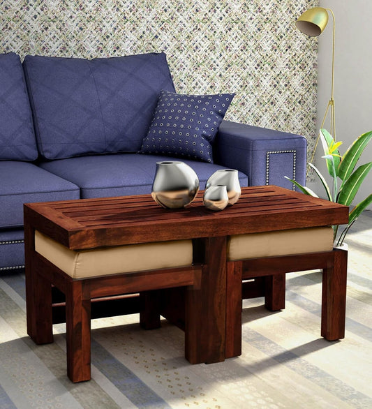 Royal Marwar Sheesham Wood Coffee Table Set with 2 Stools | 