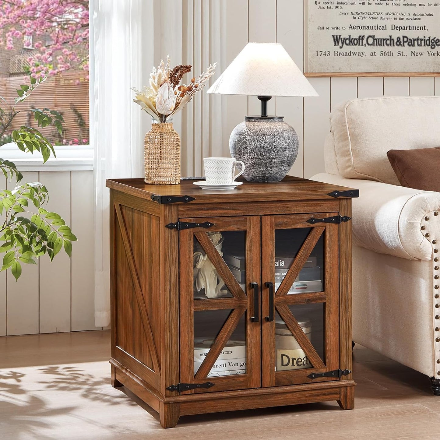 Royal Marwar Solid Mango Wood Side Table | Bedside Table with 2 Glass Door Storage Cabinet | Black Finish