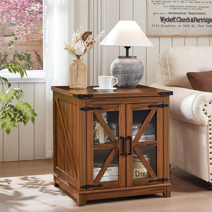 Royal Marwar Solid Mango Wood Side Table | Bedside Table with 2 Glass Door Storage Cabinet | Black Finish