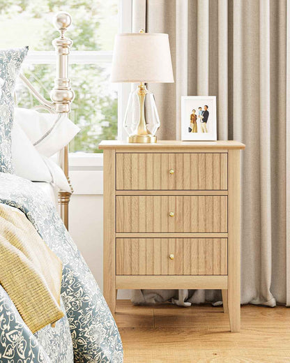 Royal Marwar Solid Mango Wood 3 Drawer Bedside Table | Honey Finish | Modern Nightstand for Bedroom
