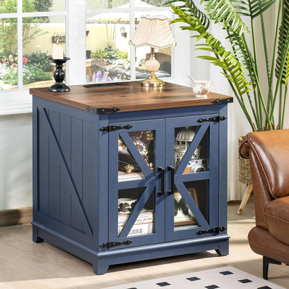 Royal Marwar Solid Mango Wood Side Table | Bedside Table with 2 Glass Door Storage Cabinet | Black Finish