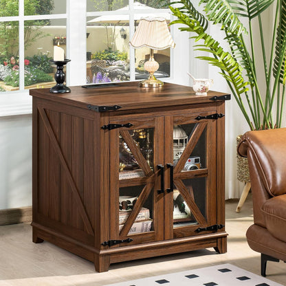 Royal Marwar Solid Mango Wood Side Table | Bedside Table with 2 Glass Door Storage Cabinet | Black Finish