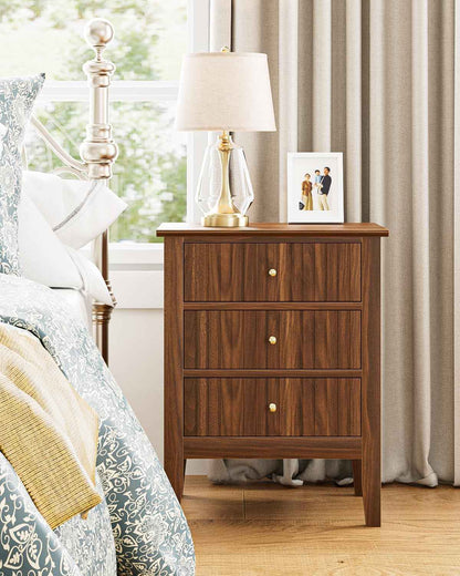 Royal Marwar Solid Mango Wood 3 Drawer Bedside Table | Honey Finish | Modern Nightstand for Bedroom