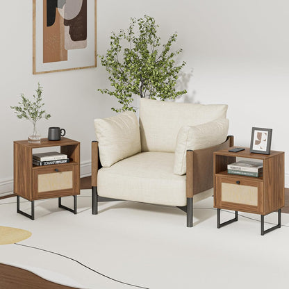 Royal Marwar Solid Mango Wood Bedside Table with Rattan Sliding Door & Open Shelf | Walnut Finish | Modern Nightstand