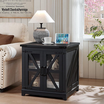 Royal Marwar Solid Mango Wood Side Table | Bedside Table with 2 Glass Door Storage Cabinet | Black Finish