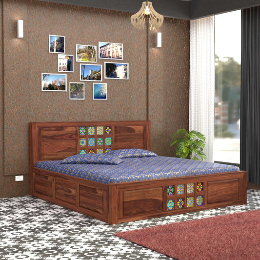 Royal Marwar Sheesham Wood Bed with Storage Box | Multicolor Tiles Design | Wood