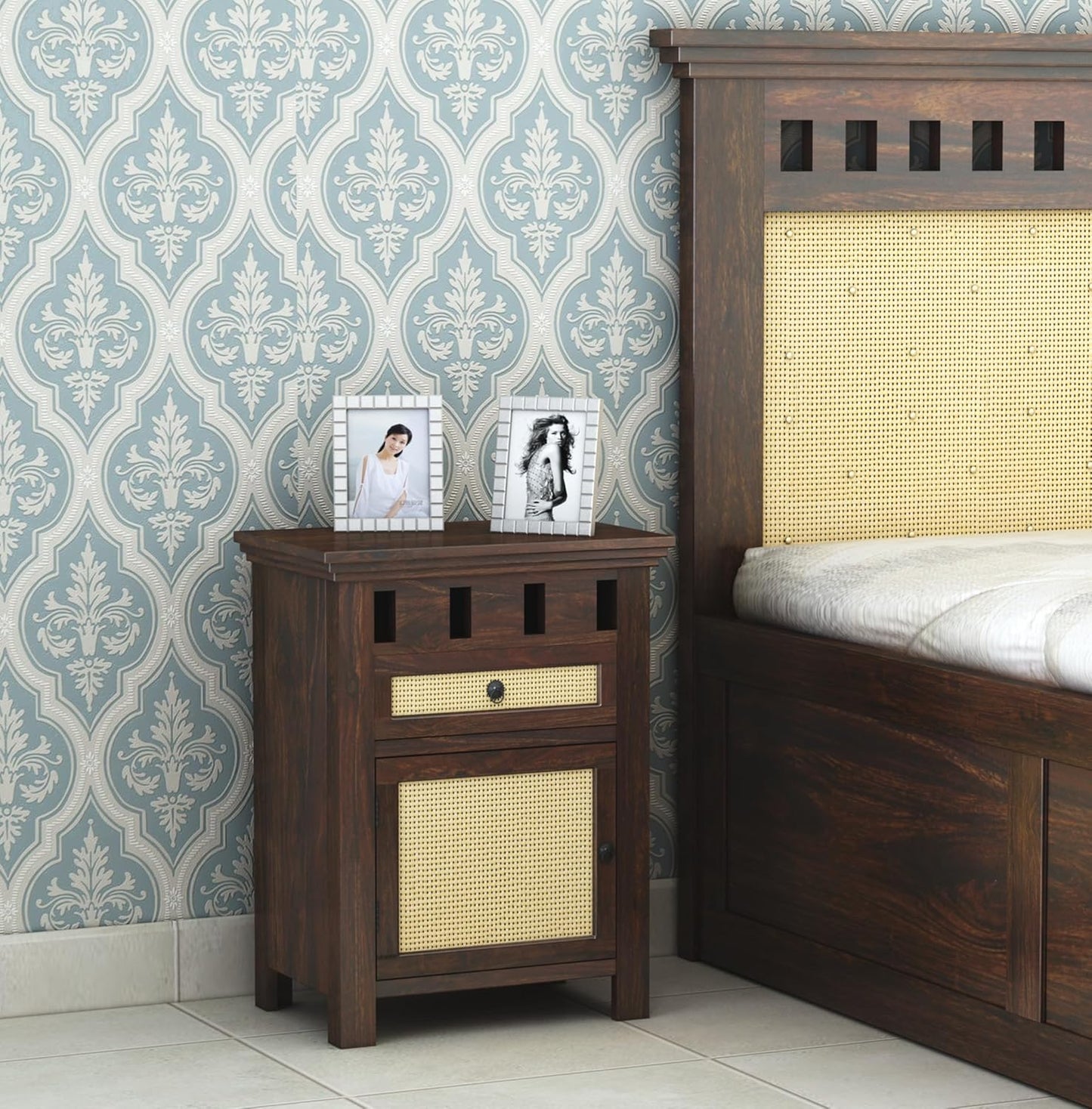 Royal Marwar Solid Sheesham Wood Bedside Table with Cane Door & Drawer | Nightstand | Honey Finish & Walnut Finish