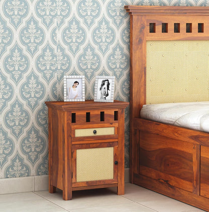 Royal Marwar Solid Sheesham Wood Bedside Table with Cane Door & Drawer | Nightstand | Honey Finish & Walnut Finish