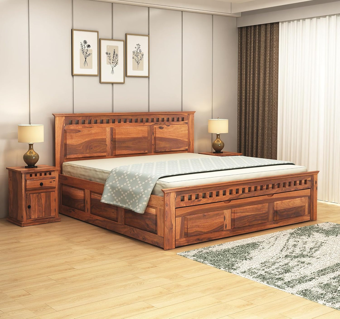 Royal Marwar Solid Sheesham Wood Storage Bed | King Size | Premium Honey Finish | Wooden Bed with Box Storage