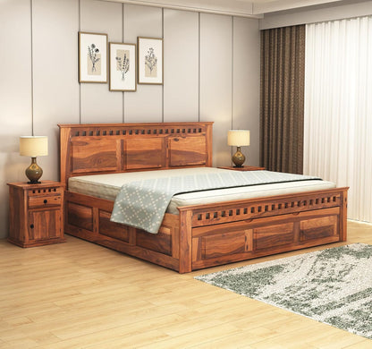 Royal Marwar Solid Sheesham Wood Storage Bed | King Size | Premium Honey Finish | Wooden Bed with Box Storage