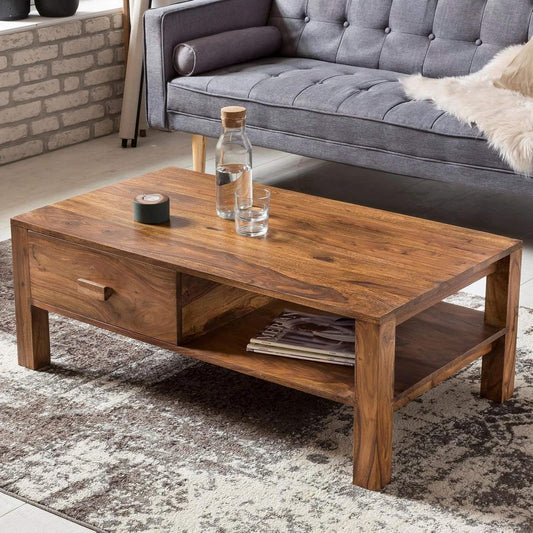 Royal Marwar Solid Sheesham Wood Coffee Table with Drawer & Open Shelf | Center Table for Living Room | Honey Finish & Walnut Finish