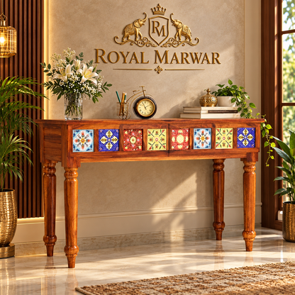 Royal Marwar Sheesham Wood Console Table with 2 Drawers | Decorative Tiles Design | Entryway & Living Room
