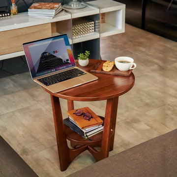 Royal Marwar Solid Sheesham Wood Round Side Table | Wooden End Table with Storage Shelf | Honey Finish & Walnut Finish