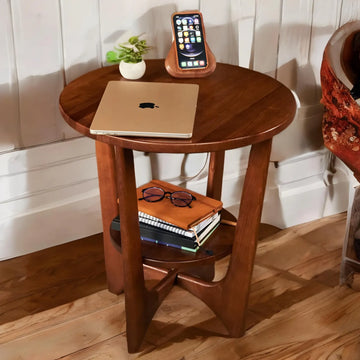Royal Marwar Solid Sheesham Wood Round Side Table | Wooden End Table with Storage Shelf | Honey Finish & Walnut Finish