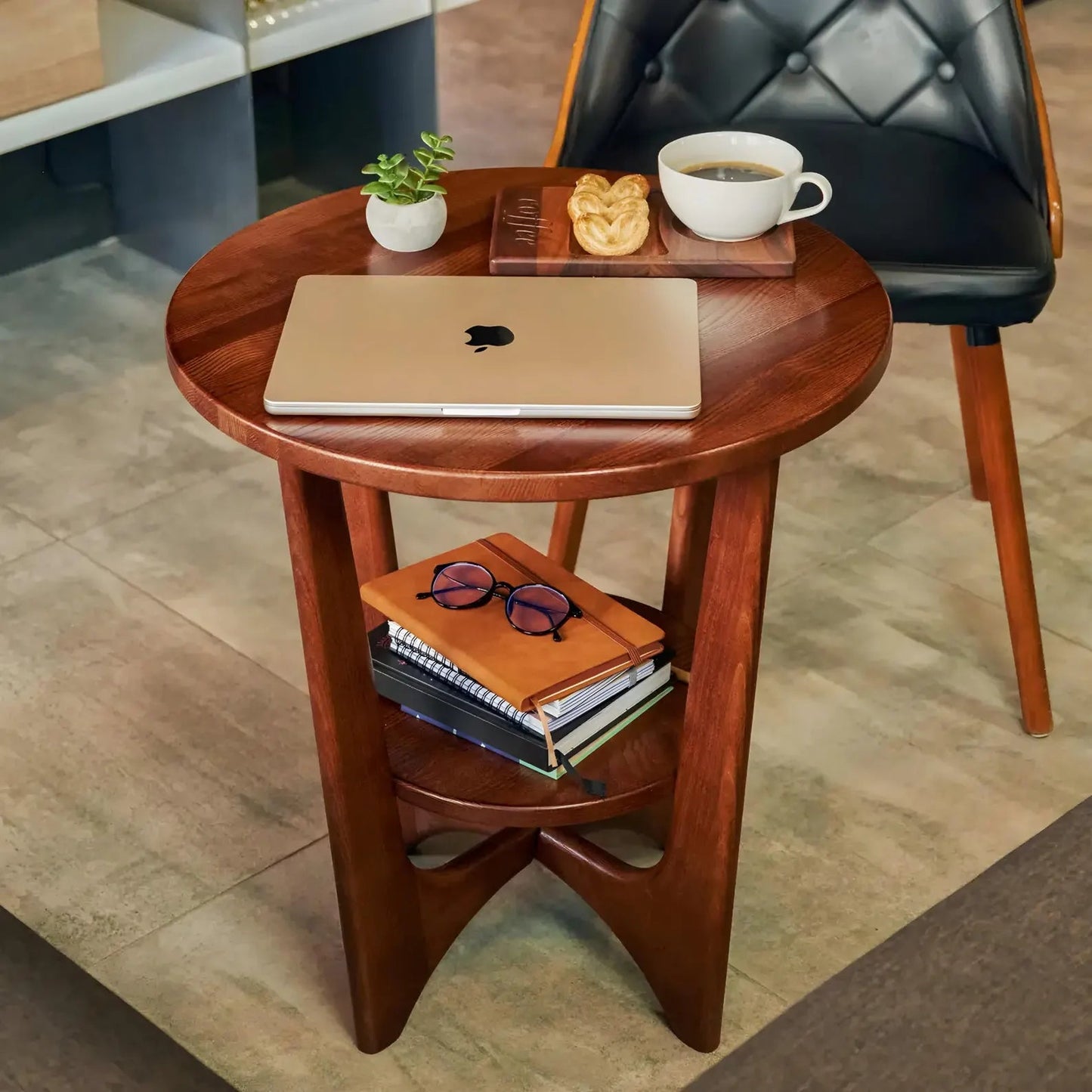 Royal Marwar Solid Sheesham Wood Round Side Table | Wooden End Table with Storage Shelf | Honey Finish & Walnut Finish