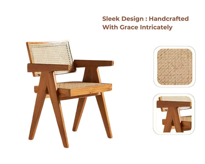 Royal Marwar Solid Sheesham Wood Dining Chair with Natural Cane Back | Wooden Arm Chair | Honey Finish & Walnut Finish
