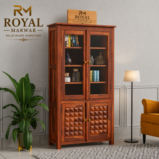 Royal Marwar Solid Sheesham Wood Crockery Cabinet | 2 Acrylic Glass Doors & 6 Shelves | Diamond Design | Bookcase
