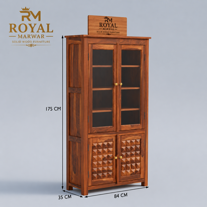 Royal Marwar Solid Sheesham Wood Crockery Cabinet | 2 Acrylic Glass Doors & 6 Shelves | Diamond Design | Bookcase