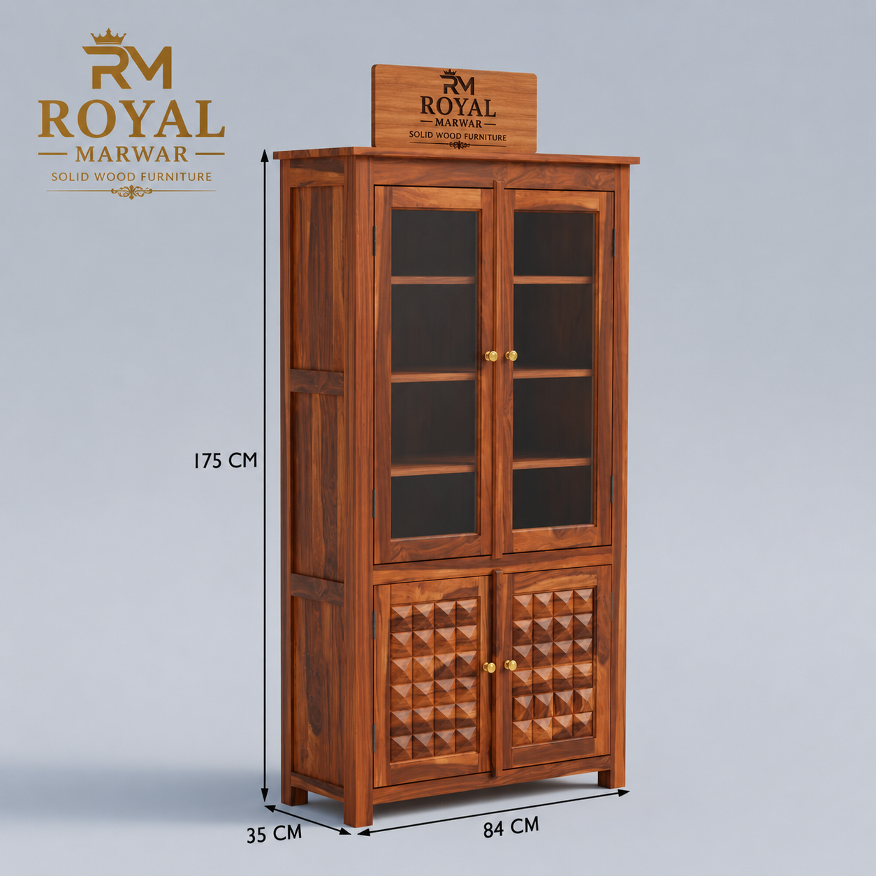 Solid Wood Glass Door Display Cabinet with Geometric Wooden Storage Doors