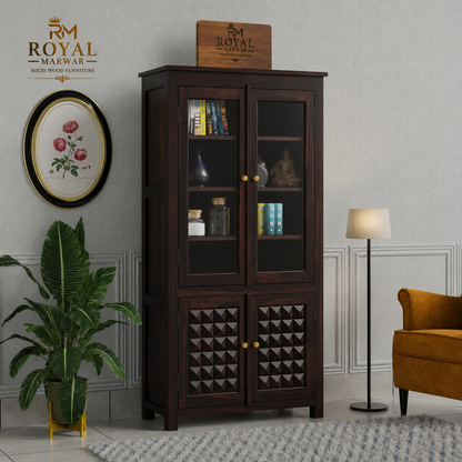 Solid Wood Glass Door Display Cabinet with Geometric Wooden Storage Doors