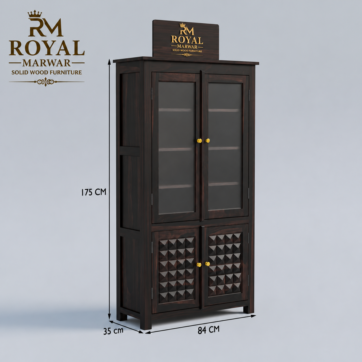 Royal Marwar Solid Sheesham Wood Crockery Cabinet | 2 Acrylic Glass Doors & 6 Shelves | Diamond Design | Bookcase