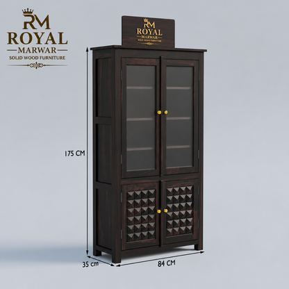Royal Marwar Solid Sheesham Wood Crockery Cabinet | 2 Acrylic Glass Doors & 6 Shelves | Diamond Design | Bookcase