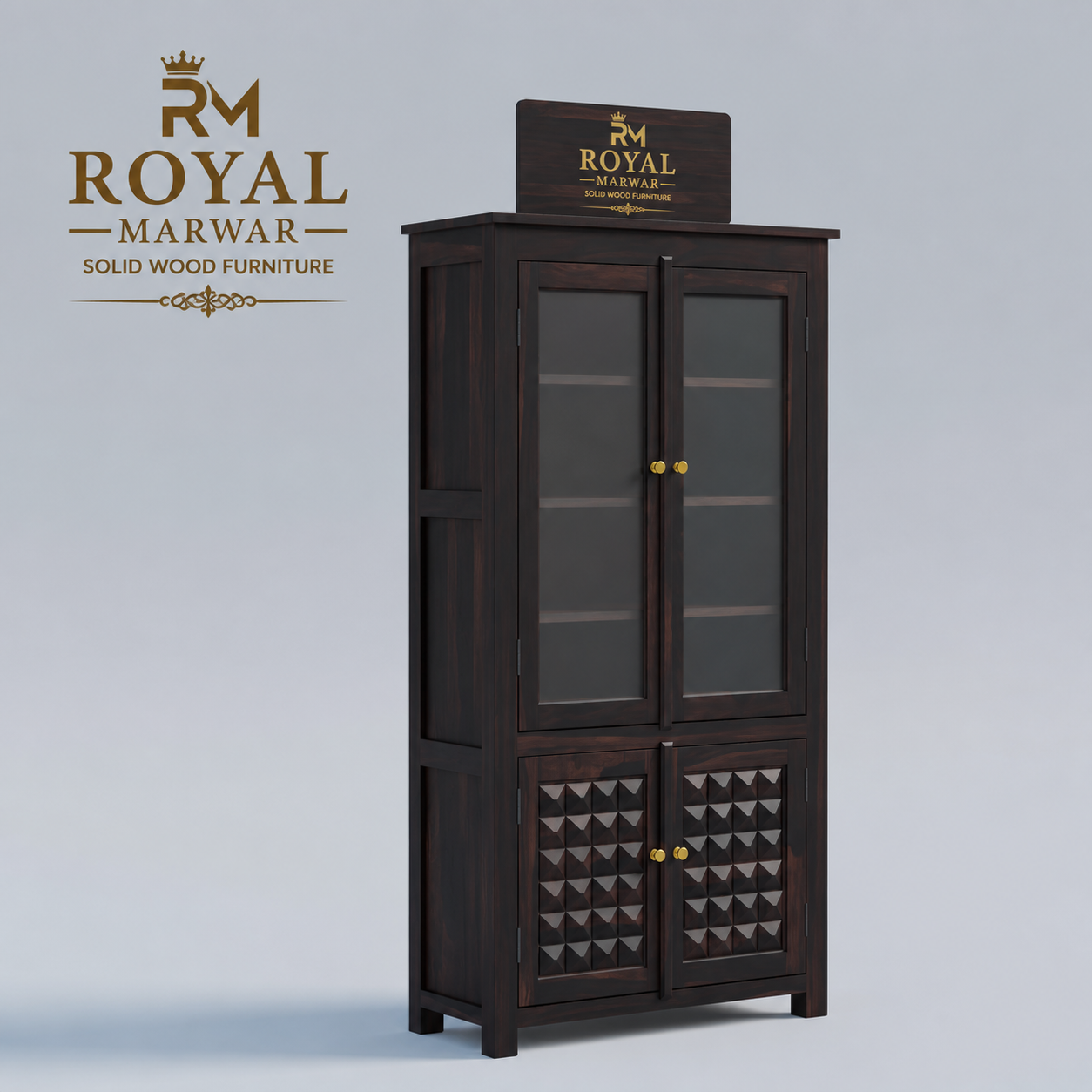 Royal Marwar Solid Sheesham Wood Crockery Cabinet | 2 Acrylic Glass Doors & 6 Shelves | Diamond Design | Bookcase