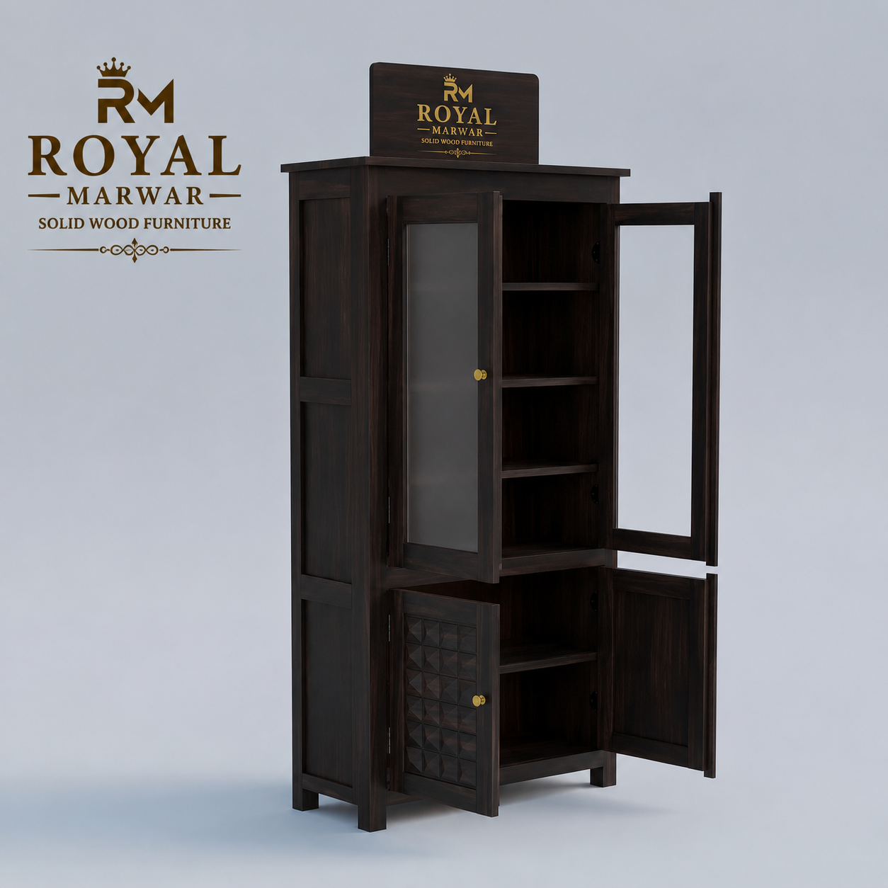 Royal Marwar Solid Sheesham Wood Crockery Cabinet | 2 Acrylic Glass Doors & 6 Shelves | Diamond Design | Bookcase