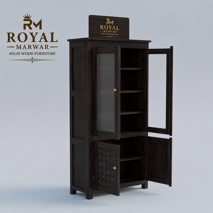 Solid Wood Glass Door Display Cabinet with Geometric Wooden Storage Doors