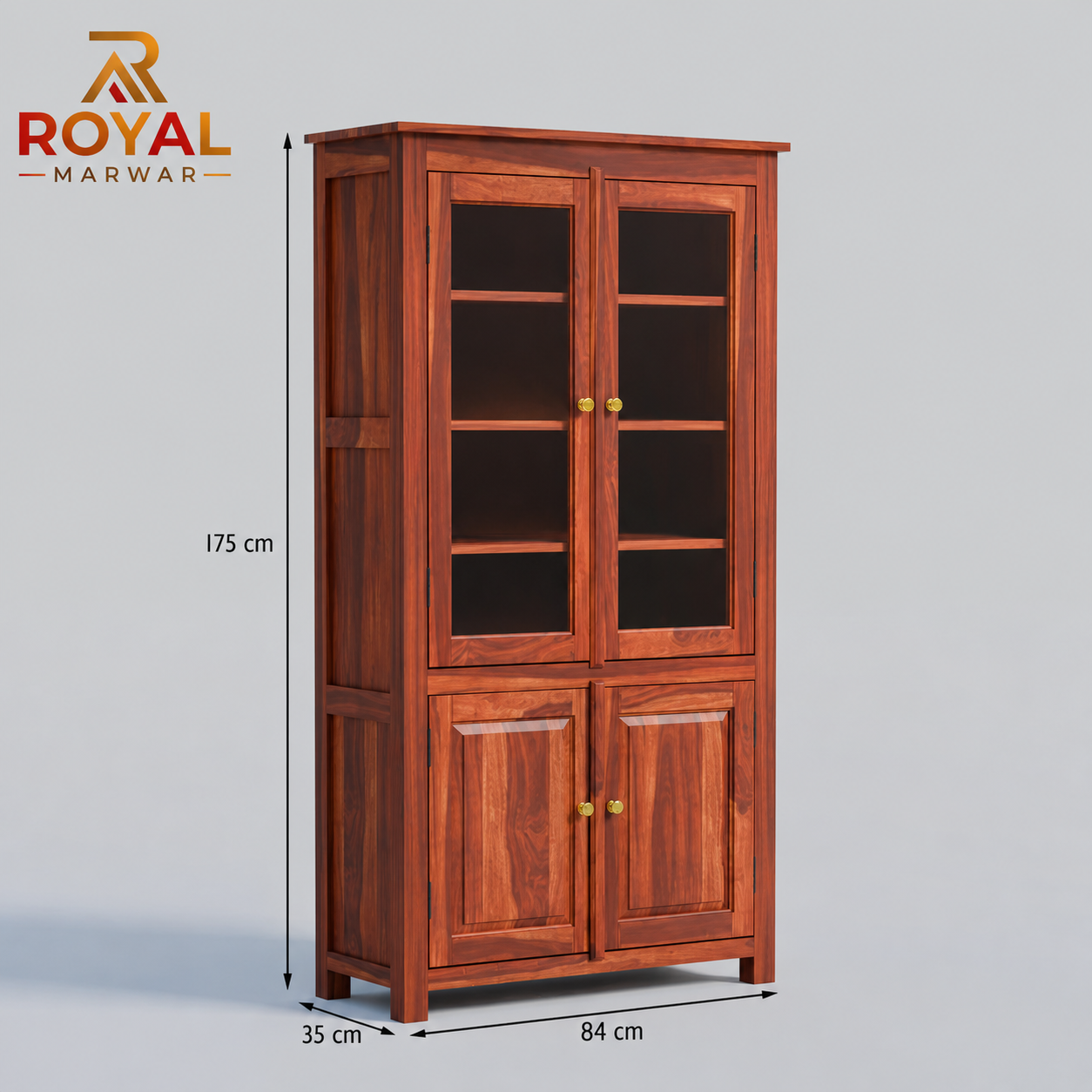 Royal Marwar Solid Sheesham Wood Crockery Cabinet | 2 Acrylic Glass Doors & 6 Shelves | Panel Design | Bookcase