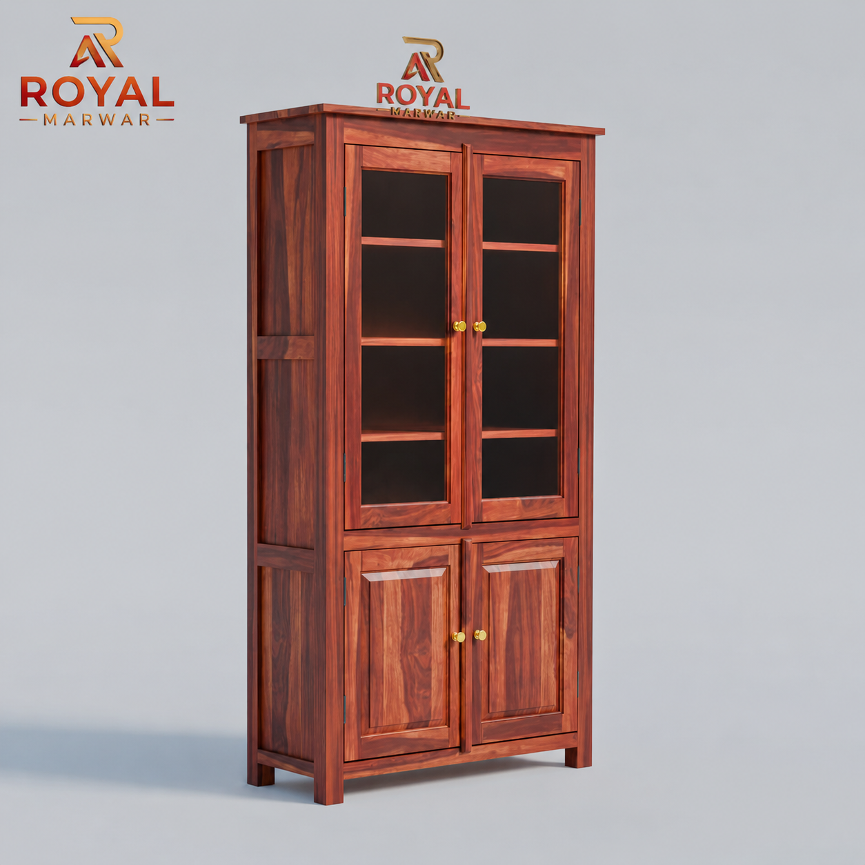 Royal Marwar Solid Sheesham Wood Crockery Cabinet | 2 Acrylic Glass Doors & 6 Shelves | Panel Design | Bookcase