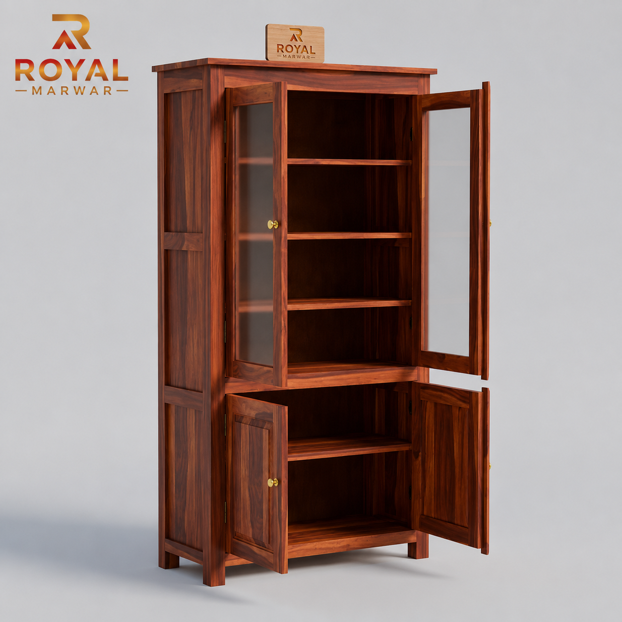 Royal Marwar Solid Sheesham Wood Crockery Cabinet | 2 Acrylic Glass Doors & 6 Shelves | Panel Design | Bookcase