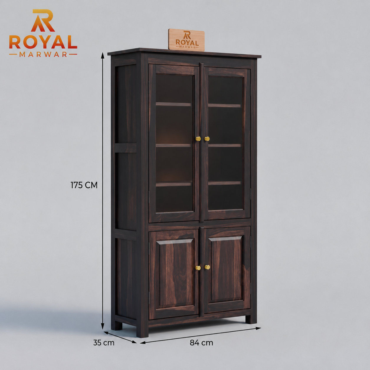 Royal Marwar Solid Sheesham Wood Crockery Cabinet | 2 Acrylic Glass Doors & 6 Shelves | Panel Design | Bookcase