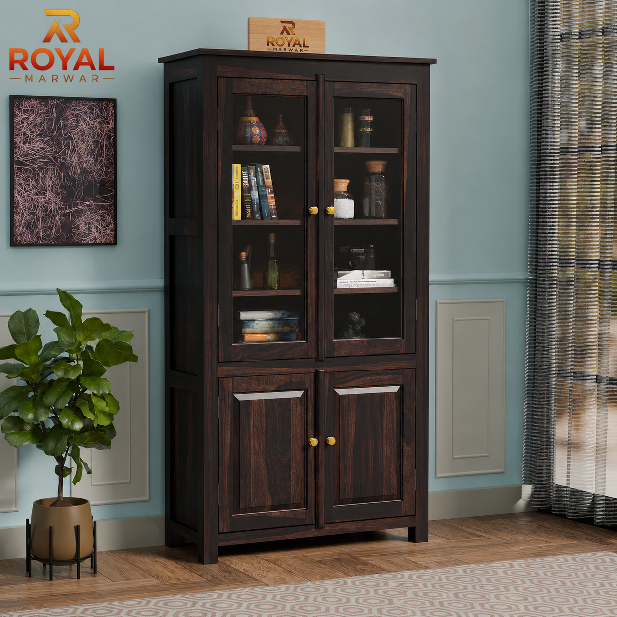 Royal Marwar Solid Sheesham Wood Crockery Cabinet | 2 Acrylic Glass Doors & 6 Shelves | Panel Design | Bookcase