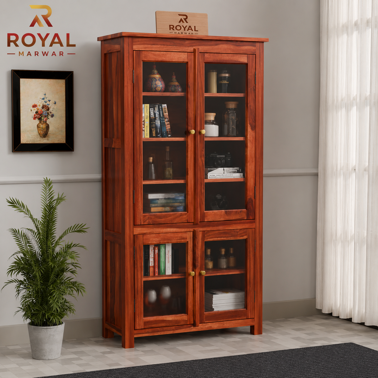 Royal Marwar Solid Sheesham Wood Crockery Cabinet | 4 Acrylic Glass Doors & 6 Shelves | Bookcase Display Cabinet