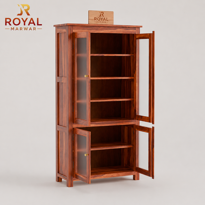 Royal Marwar Solid Sheesham Wood Crockery Cabinet | 4 Acrylic Glass Doors & 6 Shelves | Bookcase Display Cabinet