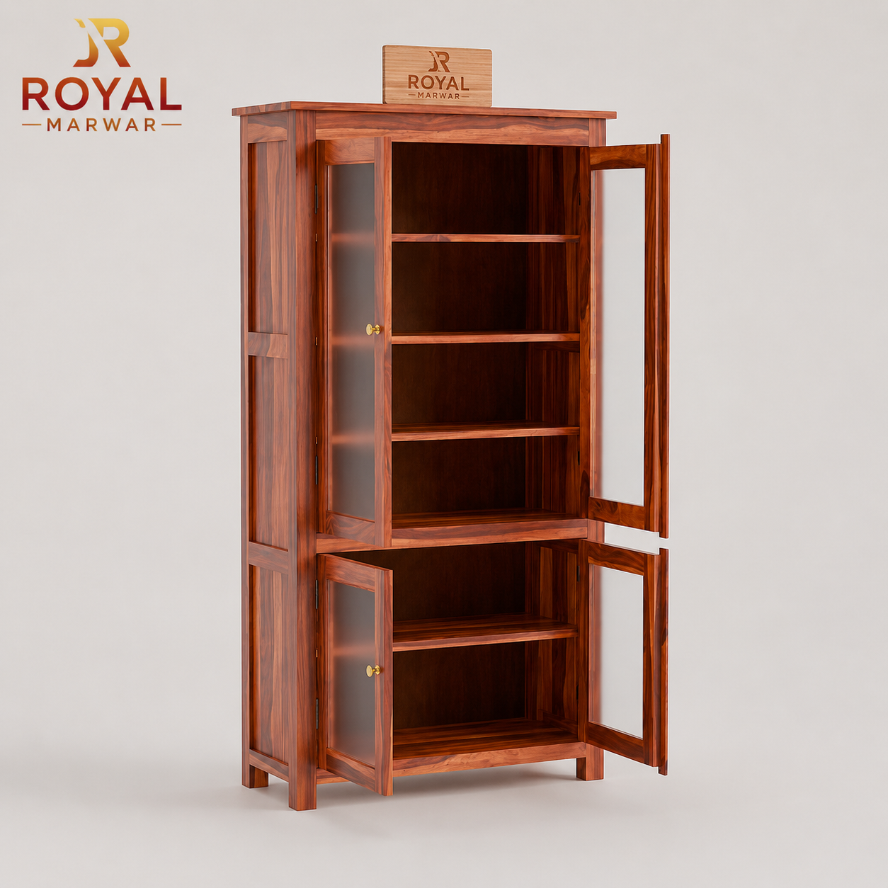 Solid Sheesham Wood Kitchen Cabinet with Glass Doors & Drawer