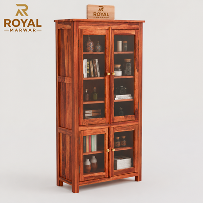 Royal Marwar Solid Sheesham Wood Crockery Cabinet | 4 Acrylic Glass Doors & 6 Shelves | Bookcase Display Cabinet