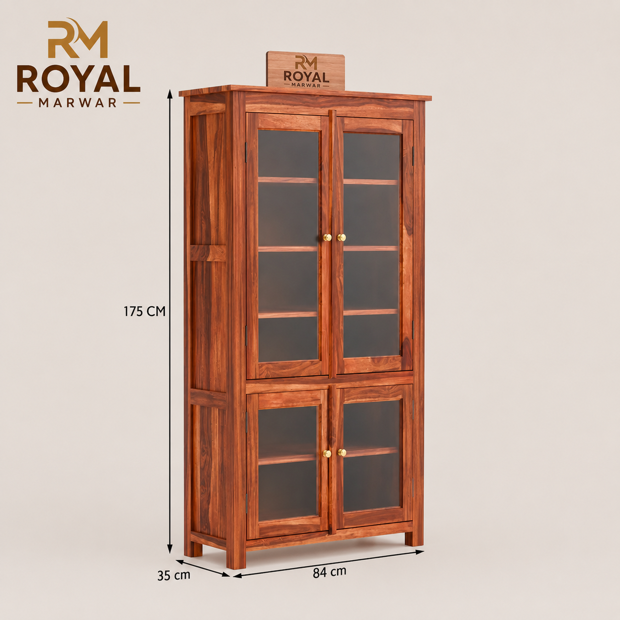 Royal Marwar Solid Sheesham Wood Crockery Cabinet | 4 Acrylic Glass Doors & 6 Shelves | Bookcase Display Cabinet